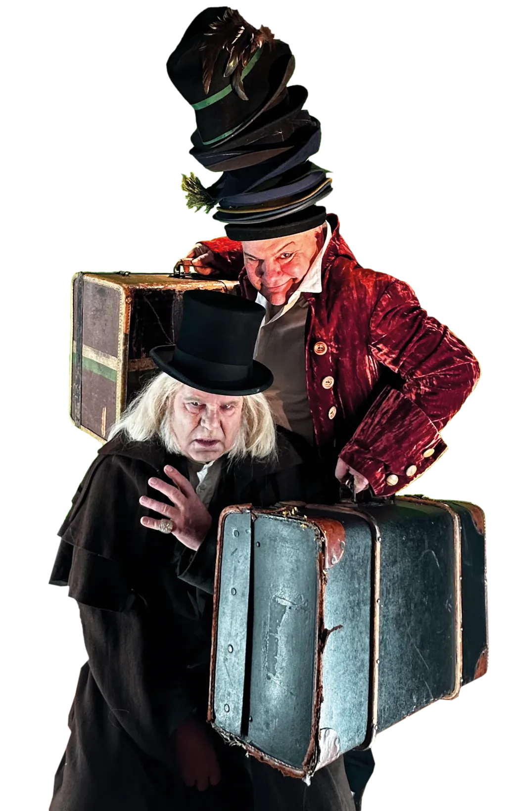 Ebenezer Scrooge mit Zylinder und Koffern